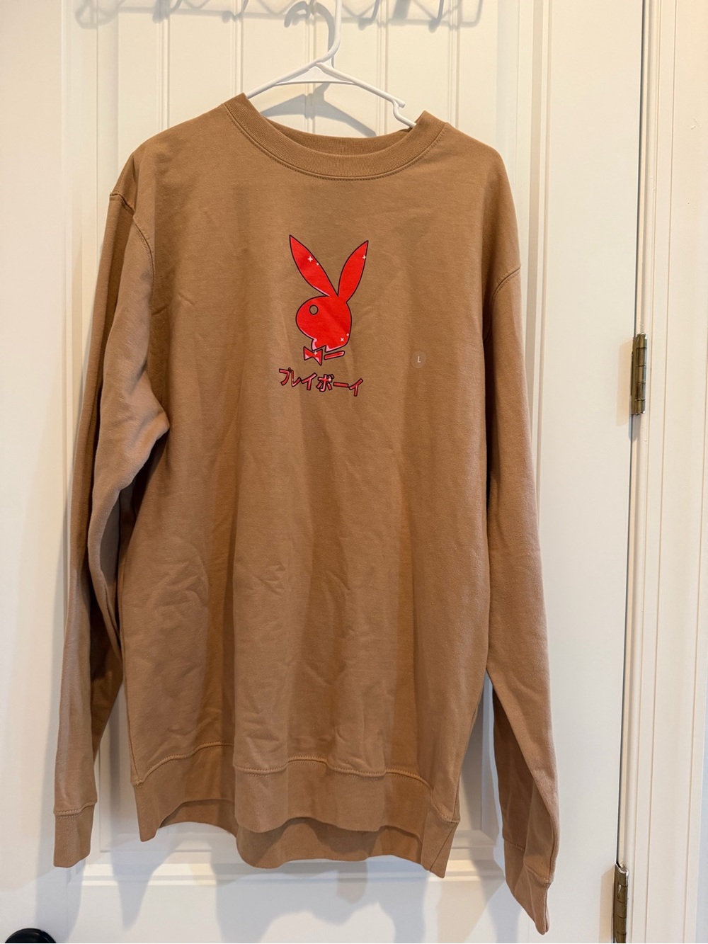 PLAYBOY Tan Crewneck Sweater with Red Bunny Logo